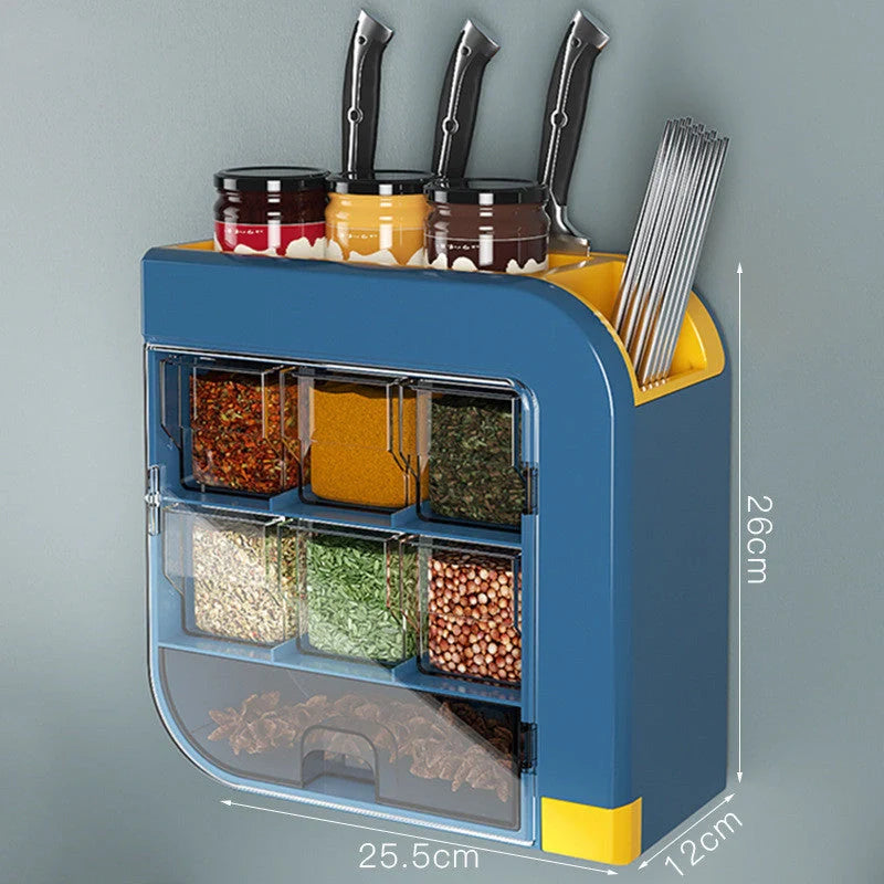 Wall-mounted kitchen organizer in blue and white for knives and condiments