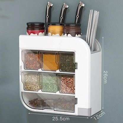 Wall-mounted kitchen organizer in blue and white for knives and condiments