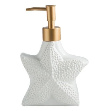 Ceramic soap dispenser with embossed starfish or shell design for elegant bathroom decor