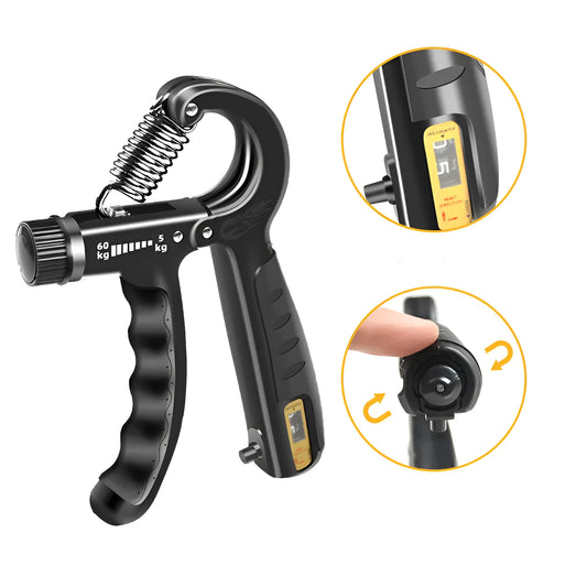 Adjustable counting hand gripper exerciser showing digital display and TPR handles in a selected colour.