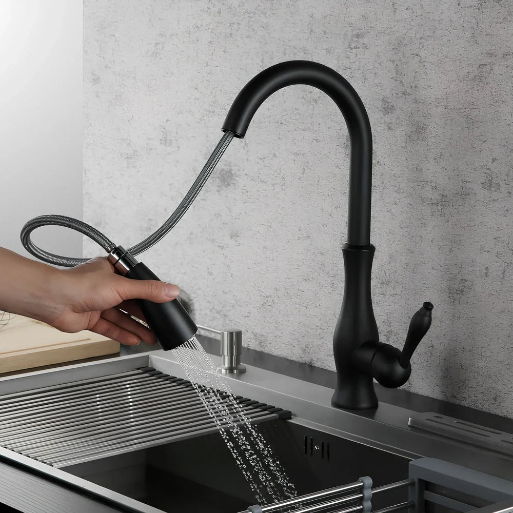 All copper rotatable pull-out kitchen faucet in silver with 50cm hose extension and single handle control