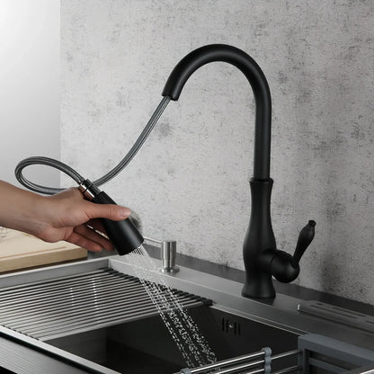 All copper rotatable pull-out kitchen faucet in silver with 50cm hose extension and single handle control
