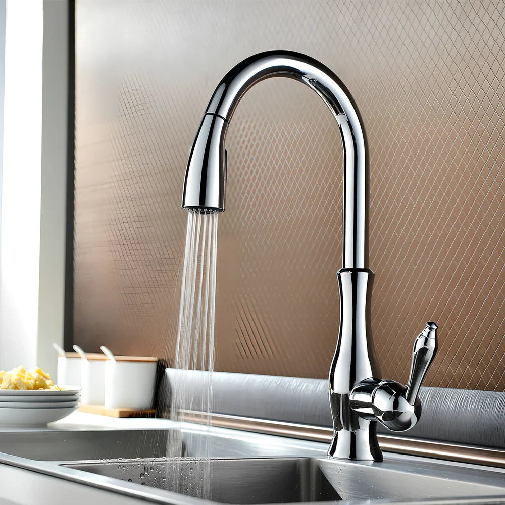 All copper rotatable pull-out kitchen faucet in silver with 50cm hose extension and single handle control