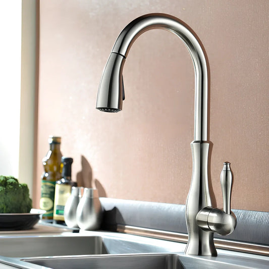 All copper rotatable pull-out kitchen faucet in silver with 50cm hose extension and single handle control