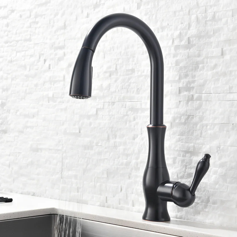 All copper rotatable pull-out kitchen faucet in silver with 50cm hose extension and single handle control