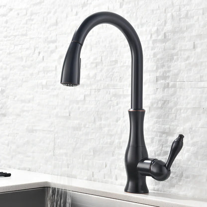 All copper rotatable pull-out kitchen faucet in silver with 50cm hose extension and single handle control