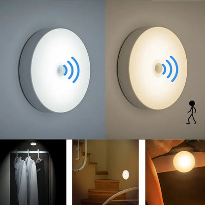 LED body sensing night light with USB charging, 86mm diameter, in beige or white, showing 3M tape for installation