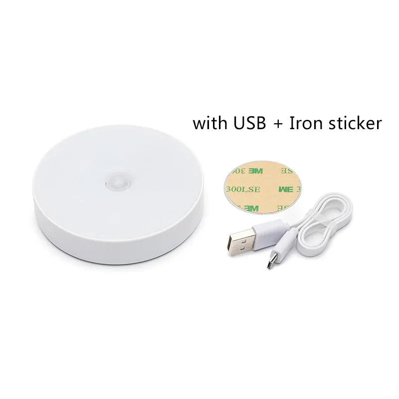 LED body sensing night light with USB charging, 86mm diameter, in beige or white, showing 3M tape for installation