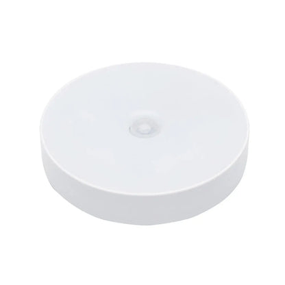LED body sensing night light with USB charging, 86mm diameter, in beige or white, showing 3M tape for installation