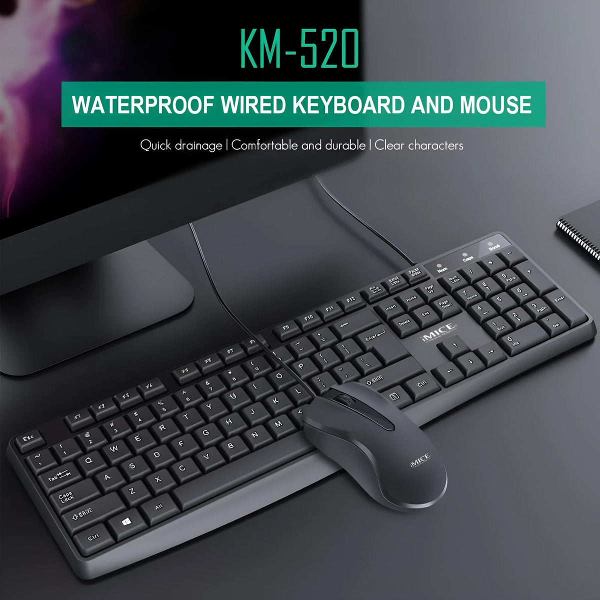 KM-520 wired keyboard and mouse set in black with USB connection, 104 keys and 1200dpi photoelectric mouse
