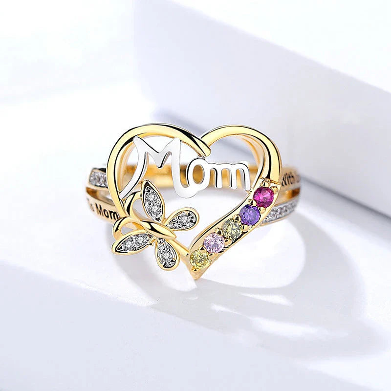 Elegant gold-plated heart-shaped ring with multi-colored rhinestone embellishments, a thoughtful Mother's Day gift