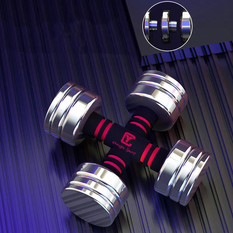 Stainless steel dumbbell set with removable weights and foam handle