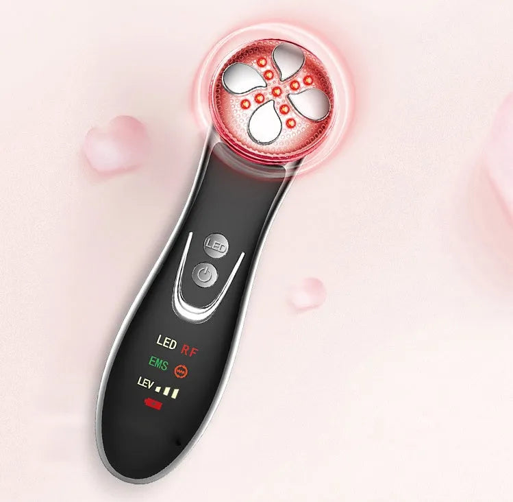 Vibration beauty instrument with medical anti-allergy steel probe, RF EMS sonic vibration and colour light, in rose gold or white