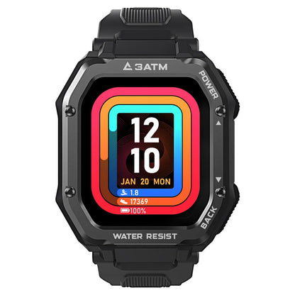 Army Green rugged outdoor smartwatch with silicone strap on a wrist, showing its 1.69-inch screen interface.