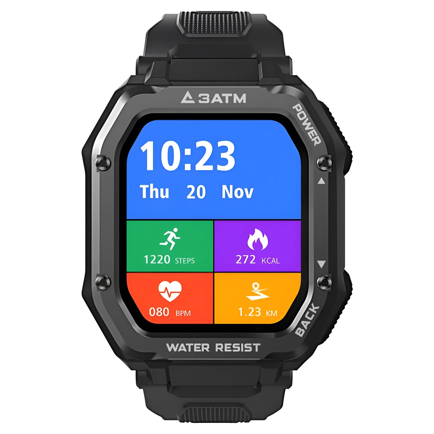 Army Green rugged outdoor smartwatch with silicone strap on a wrist, showing its 1.69-inch screen interface.