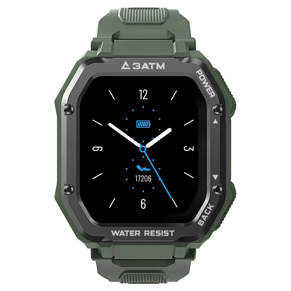 Army Green rugged smartwatch with silicone strap showing 1.69-inch display on a wrist.