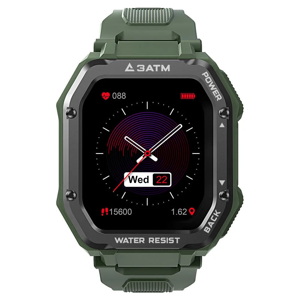 Army Green rugged smartwatch with a 1.69-inch screen and silicone strap on a wrist.
