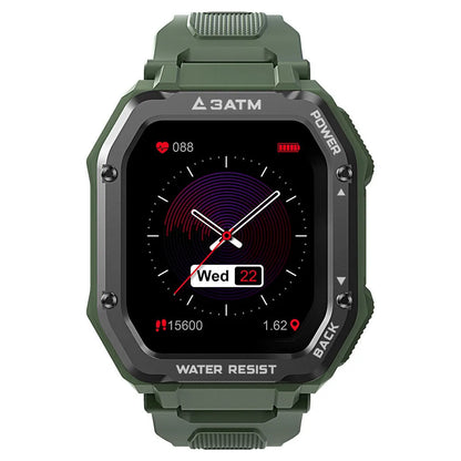 Army Green rugged smartwatch with silicone strap showing 1.69-inch display on a wrist.