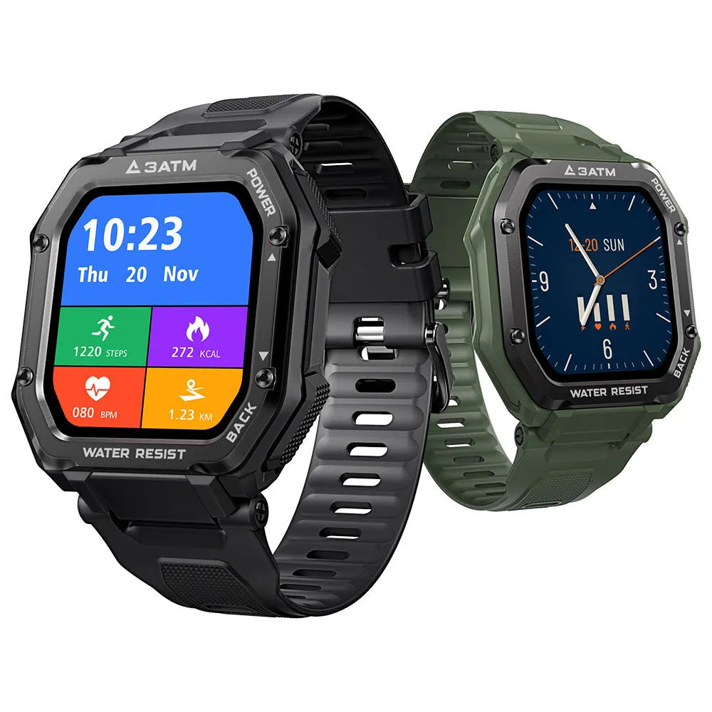 Army Green rugged smart watch with silicone strap showing sports stats on its 1.69-inch screen.