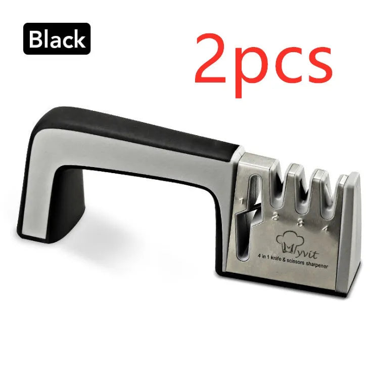 Black and cyan four-in-one kitchen knife sharpener with multiple sharpening rods on display