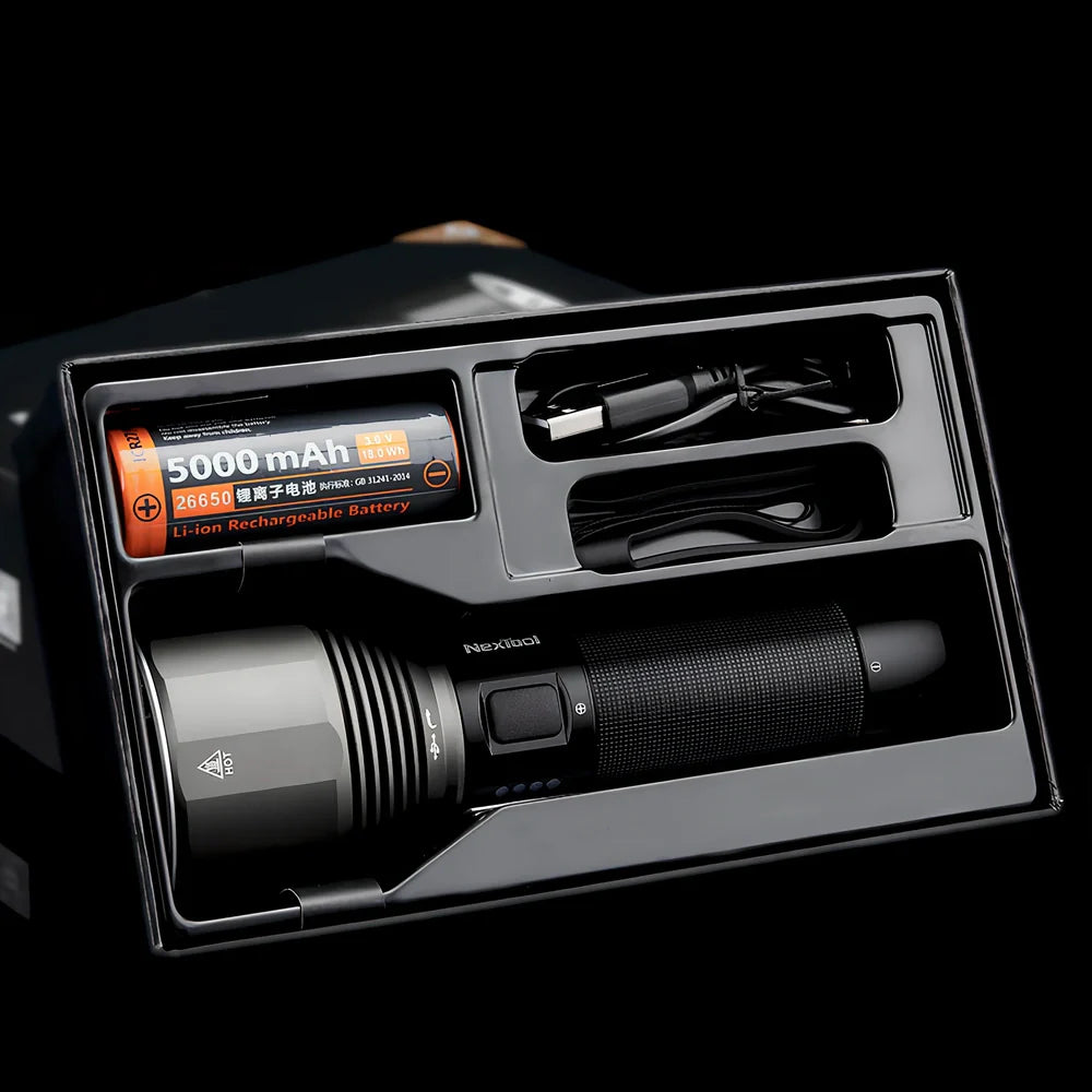 Black outdoor flashlight showing 164mm length with 59mm head diameter and Type-C charging port