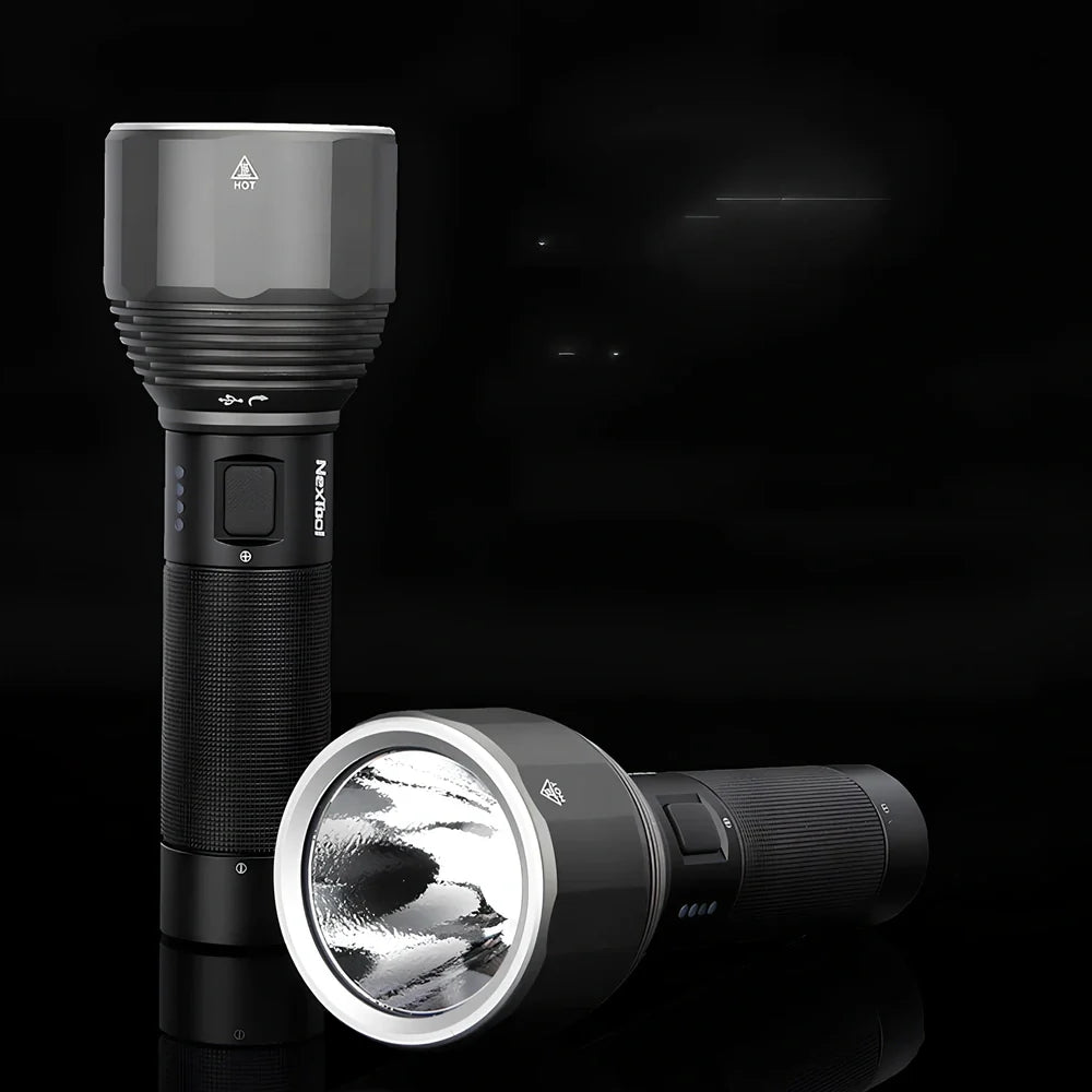 Black outdoor flashlight showing 164mm length with 59mm head diameter and Type-C charging port