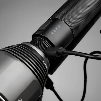 Black outdoor flashlight showing 164mm length with 59mm head diameter and Type-C charging port