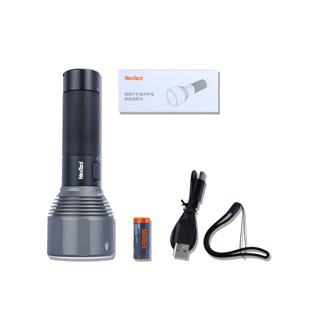 Black outdoor flashlight showing 164mm length with 59mm head diameter and Type-C charging port