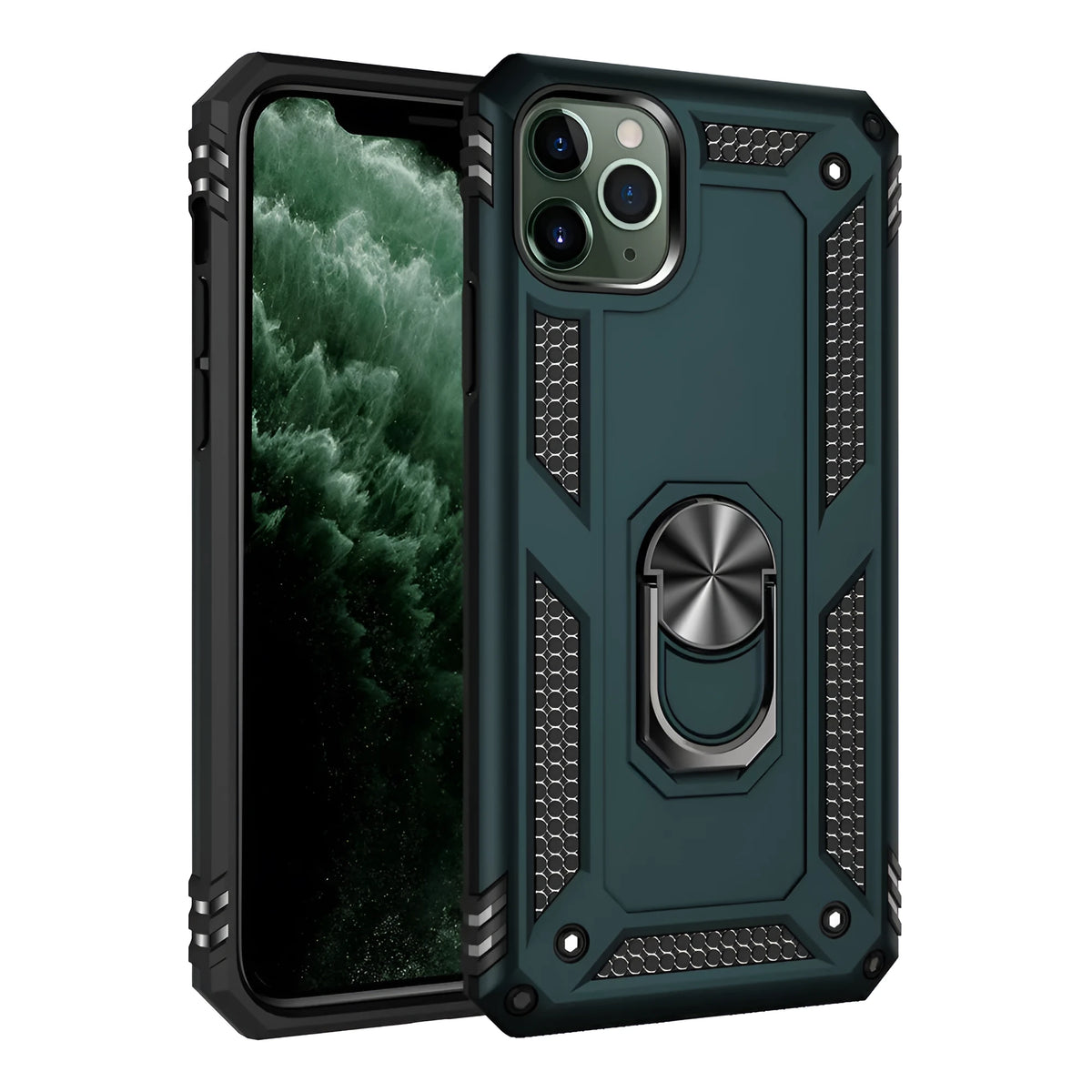 A dark green TPU and PC protective back cover for an Apple iPhone, showing the camera cut-out.