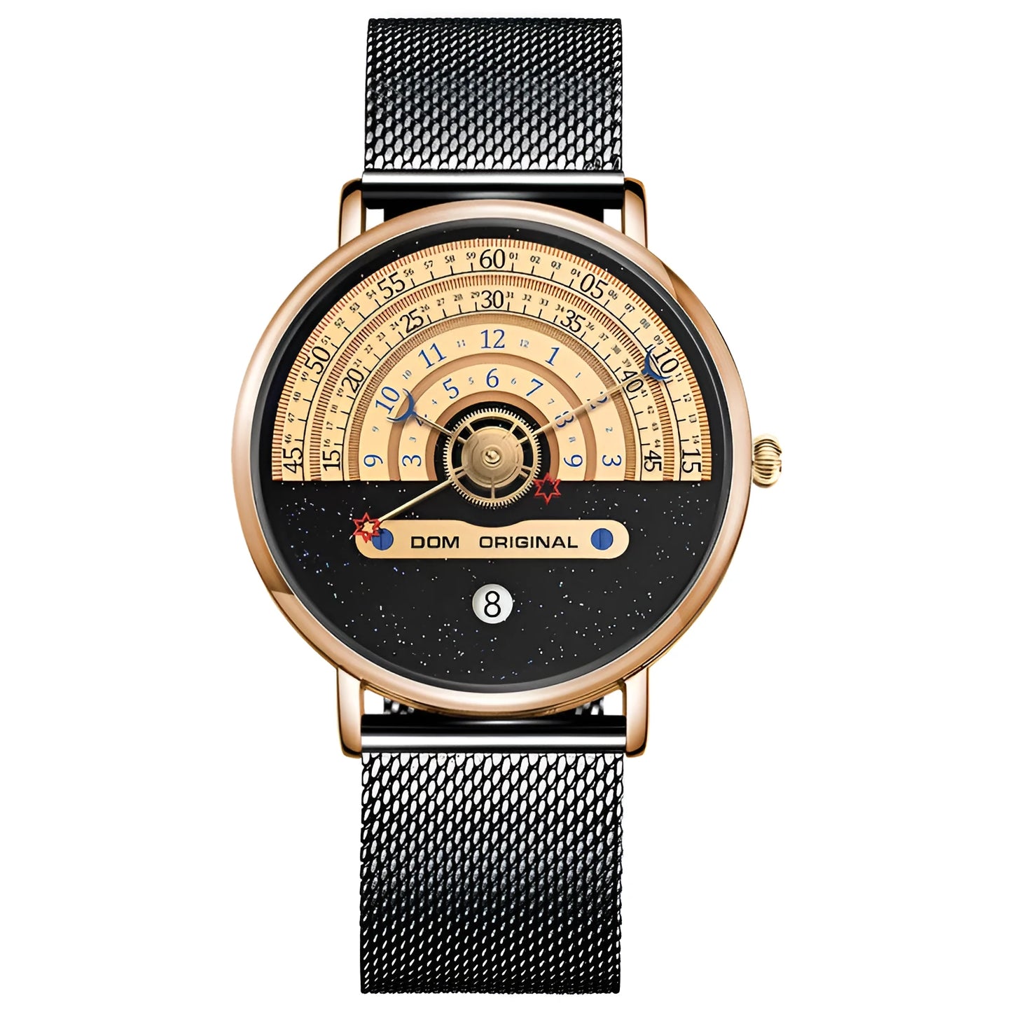 Men's M-1288 quartz wristwatch with round dial, stainless steel case, and leather strap showing time display