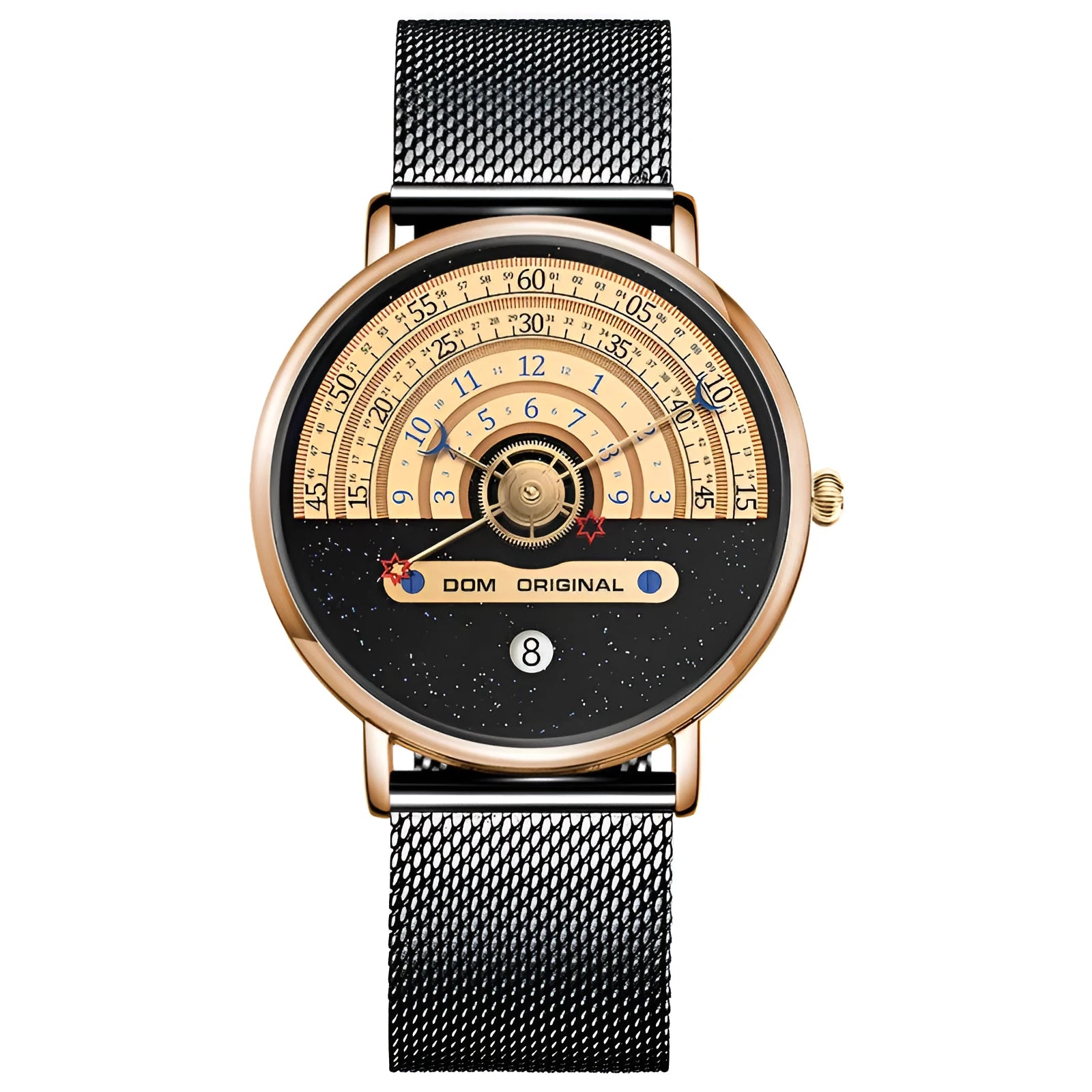 Men's M-1288 quartz wristwatch with round dial, stainless steel case, and leather strap showing time display