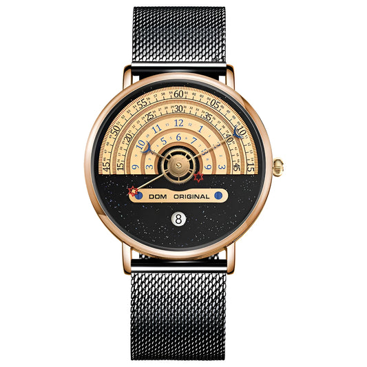Men's M-1288 quartz wristwatch with round dial, stainless steel case, and leather strap showing time display