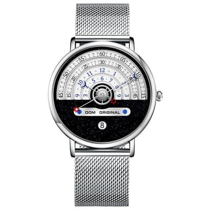 Men's M-1288 quartz wristwatch with round dial, stainless steel case, and leather strap showing time display