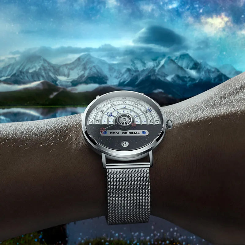 Men's M-1288 quartz wristwatch with round dial, stainless steel case, and leather strap showing time display