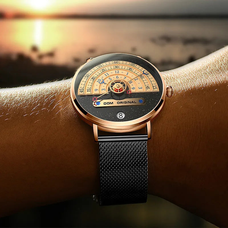 Men's M-1288 quartz wristwatch with round dial, stainless steel case, and leather strap showing time display