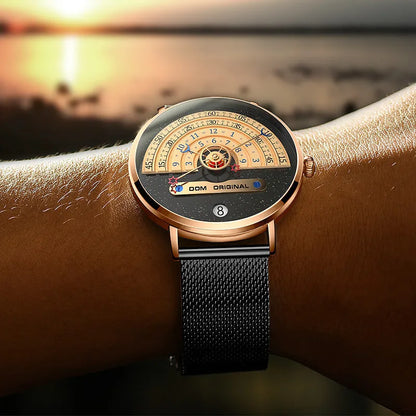 Men's M-1288 quartz wristwatch with round dial, stainless steel case, and leather strap showing time display