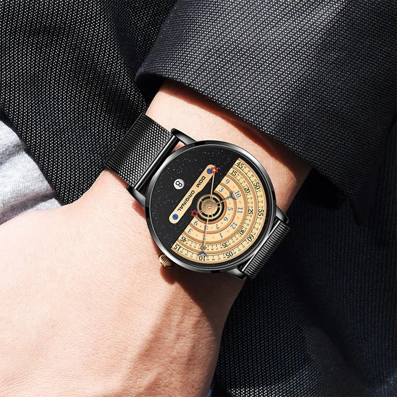 Men's M-1288 quartz wristwatch with round dial, stainless steel case, and leather strap showing time display