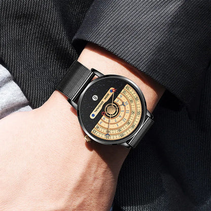 Men's M-1288 quartz wristwatch with round dial, stainless steel case, and leather strap showing time display