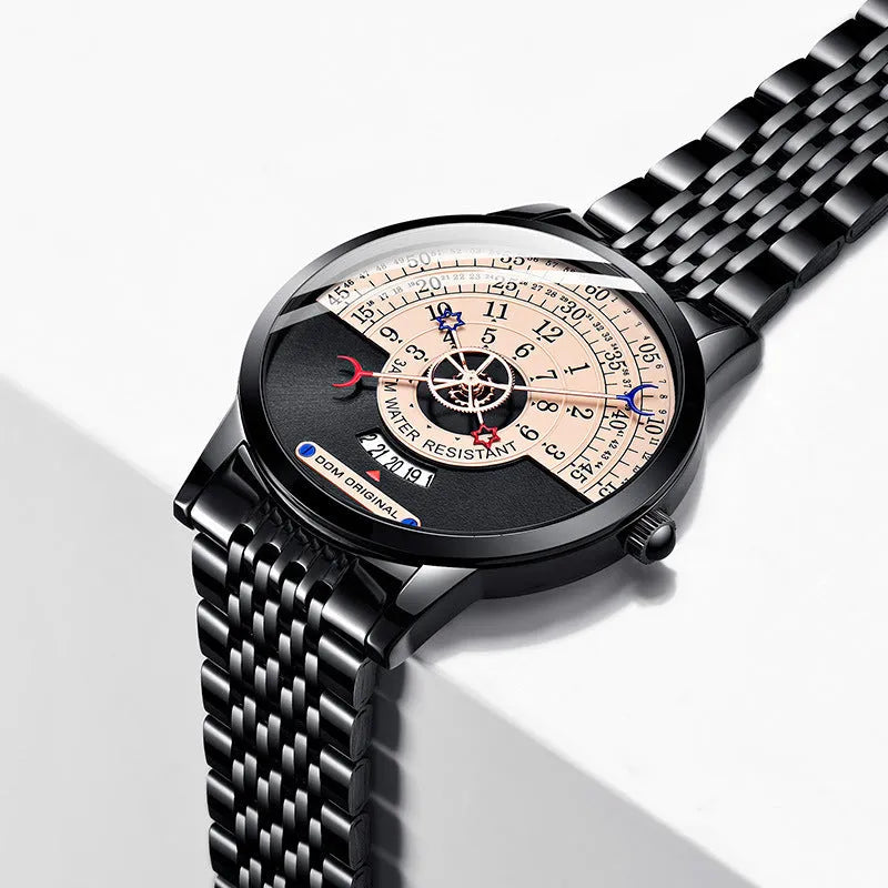 Men's M-1288 quartz wristwatch with round dial, stainless steel case, and leather strap showing time display