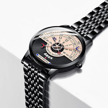 Men's M-1288 quartz wristwatch with round dial, stainless steel case, and leather strap showing time display
