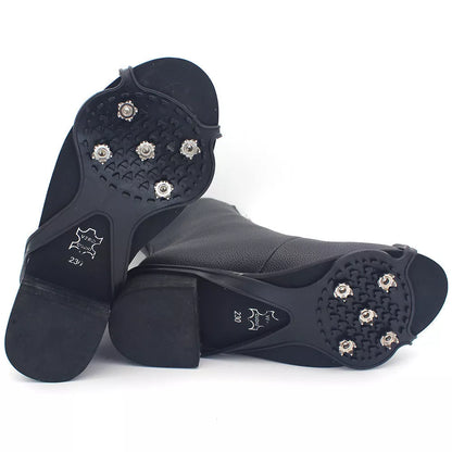 Unisex 5-toothed ice grippers for shoes, featuring durable rubber and steel teeth for superior traction on ice and snow.