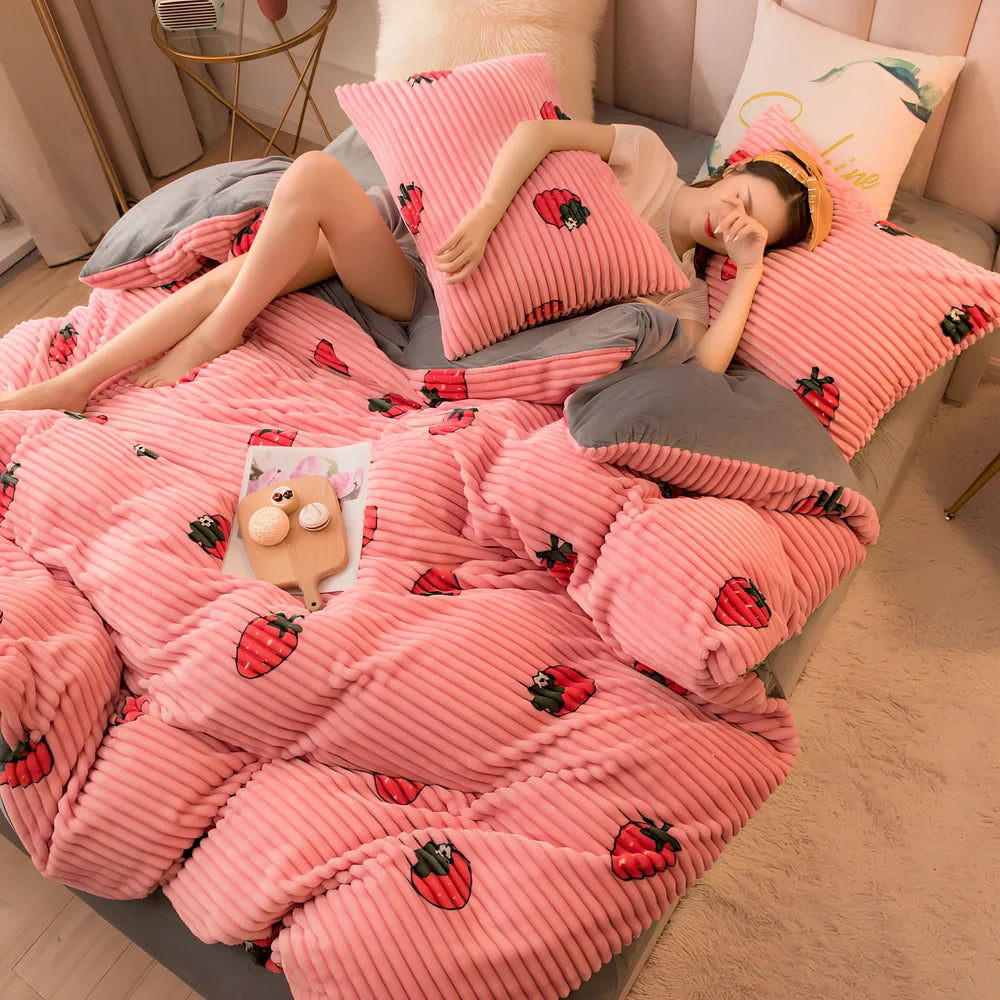 Double-thick velvet bed sheets in Romantic Powder colour showing 400gsm texture and printed pattern detail