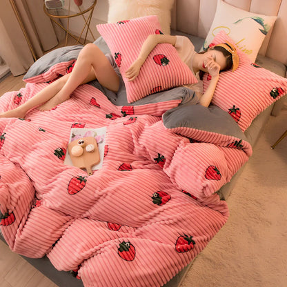 Double-thick velvet bed sheets in Romantic Powder colour showing 400gsm texture and printed pattern detail