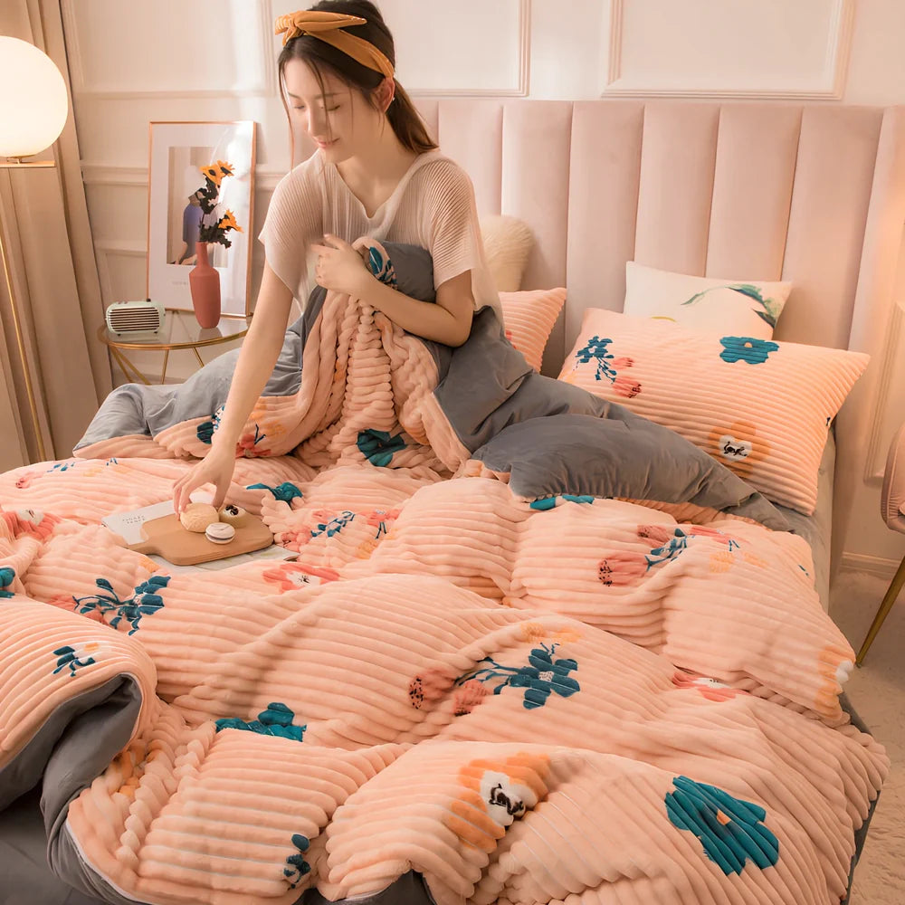 Double-thick velvet bed sheets in Romantic Powder colour showing 400gsm texture and printed pattern detail