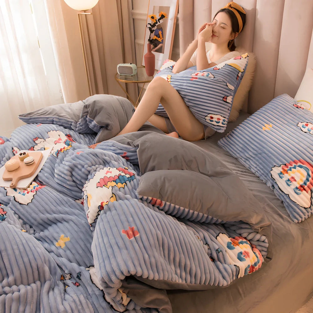 Double-thick velvet bed sheets in Romantic Powder colour showing 400gsm texture and printed pattern detail