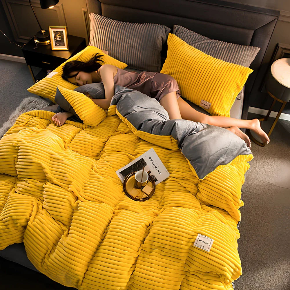 Double-thick velvet bed sheets in Romantic Powder colour showing 400gsm texture and printed pattern detail