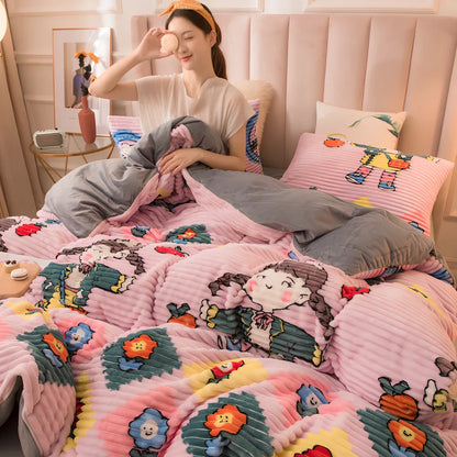 Double-thick velvet bed sheets in Romantic Powder colour showing 400gsm texture and printed pattern detail