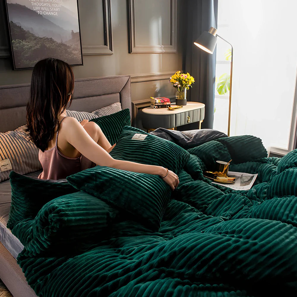 Double-thick velvet bed sheets in Romantic Powder colour showing 400gsm texture and printed pattern detail