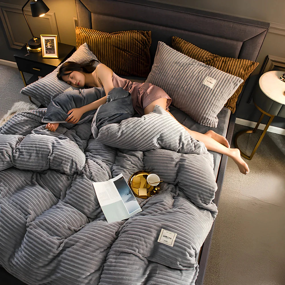 Double-thick velvet bed sheets in Romantic Powder colour showing 400gsm texture and printed pattern detail