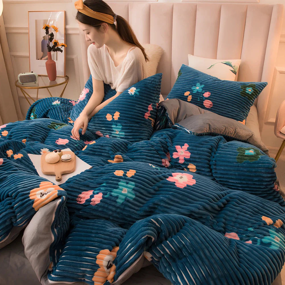 Double-thick velvet bed sheets in Romantic Powder colour showing 400gsm texture and printed pattern detail